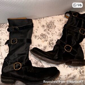 Fiorentini + Baker Rare Black Horsehair Leather Buckle Boots size 38